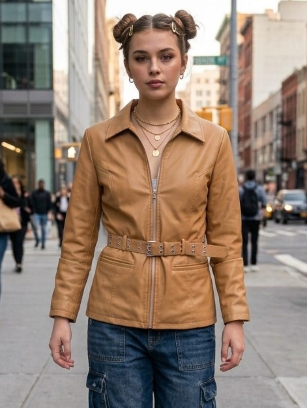 Rave M Vintage 90s Y2K Utility Streetwear Camel Faux Leather Belted Jacket